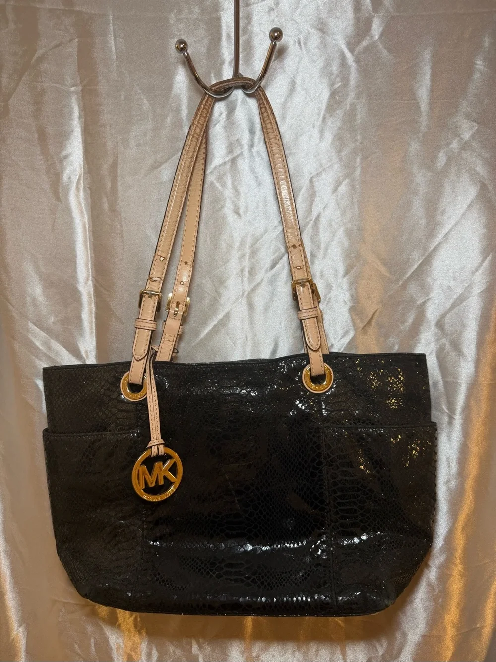 Y2K Michael Kors Black Patent Tote with Beige Straps